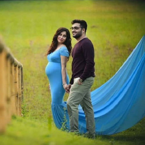 G243,Light Blue Maternity Shoot Baby Shower Trail Lycra Body Fit Gown, Size: All,Color: All