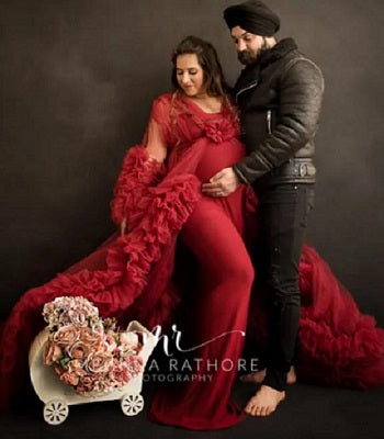 G448, Wine Ruffled Maternity Shoot Gown, Size: All, Color: All
