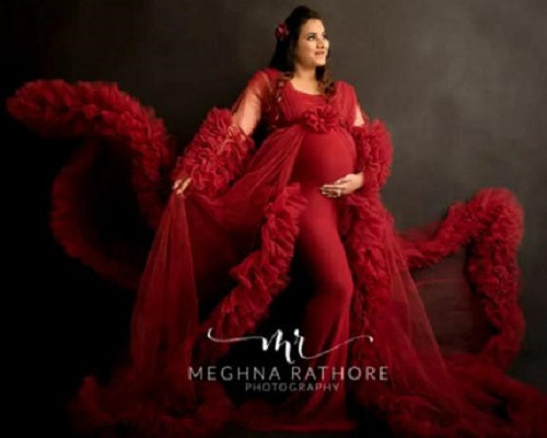 G448, Wine Ruffled Maternity Shoot Gown, Size: All, Color: All