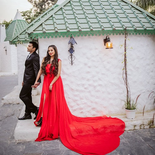 G575, Red One Shoulder Prewedding Shoot Long Trail Gown, Size: All, Color: All