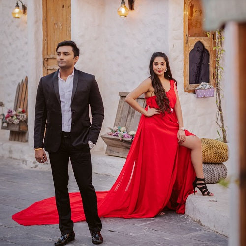 G575, Red One Shoulder Prewedding Shoot Long Trail Gown, Size: All, Color: All