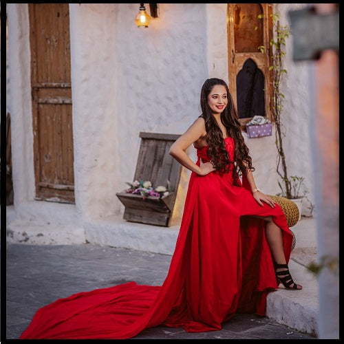 G575, Red One Shoulder Prewedding Shoot Long Trail Gown, Size: All, Color: All