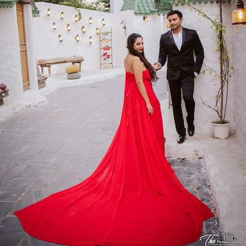 G575, Red One Shoulder Prewedding Shoot Long Trail Gown, Size: All, Color: All