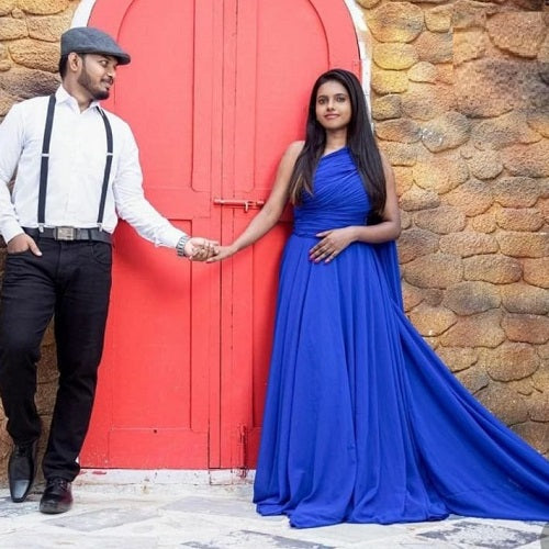 G275, Blue One Shoulder Prewedding Flair Gown, Size: All, Color: All