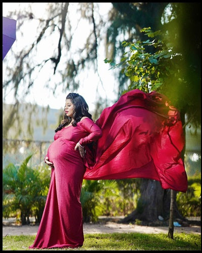 G44 ,Wine Maternity shoot Baby Shower Lycra Body Fit Gown, Size: All, Color: All