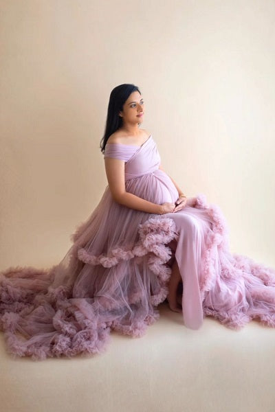 G1041, Peach Ruffled Maternity Shoot Trail Gown, Size: All, Color: All