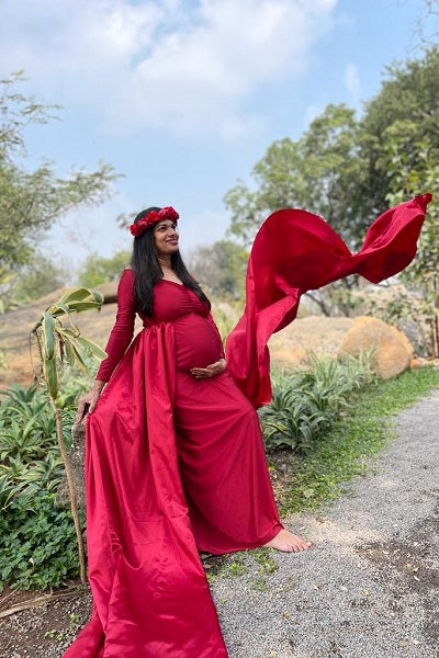 G44 ,Wine Maternity shoot Baby Shower Lycra Body Fit Gown, Size: All, Color: All