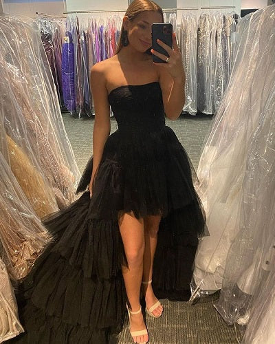 G1040, Black Front Short Long Back Trail Gown Size: All, Color: All