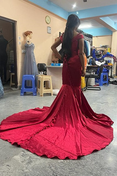 G447, Red Wine Mermaid Pre Wedding Shoot Trail Gown, Size: All, Color: All