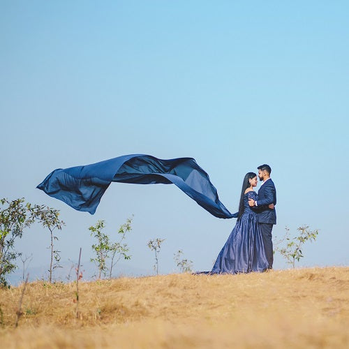 G329, Navy blue Satin Semi Off Shoulder Full Sleeves Prewedding Shoot Trail Ball Gown Size: All, Color: All