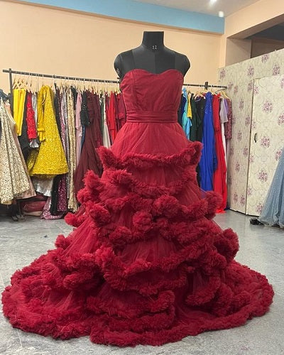 G2032 , Wine Red Tube Top Ruffled Pre Wedding Shoot Trail Gown Size: All, Color: All