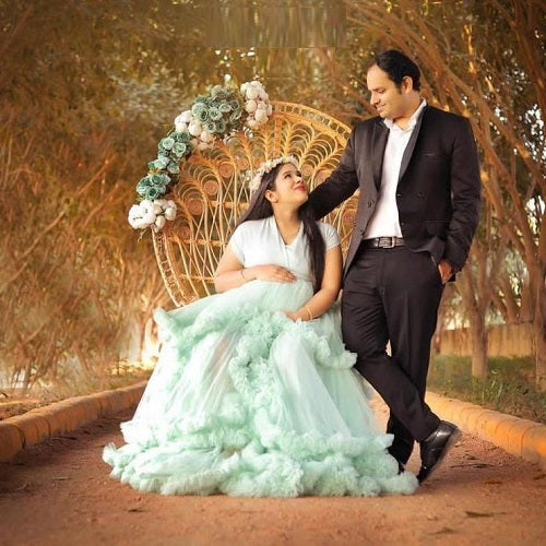 G4048, Light Green Ruffled Maternity Shoot Trail Gown Size: All, Color: All