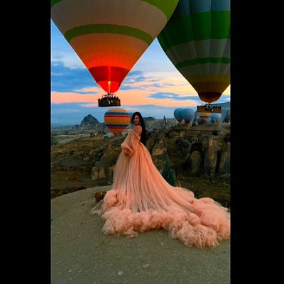 G1140, Peach Frilled long Trail Shoot Gown Size: All, Color: All