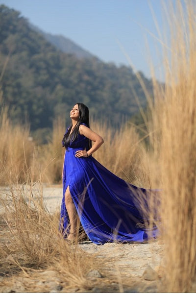 G338, Royal Blue Slit Cut Long Trail Prewedding Shoot Gown Size: All, Color: All