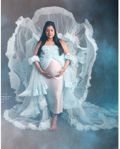 G325, Ice Blue Ruffled Maternity Shoot Gown, Size: All, Color: All