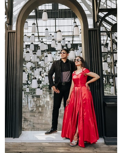 G901, Wine Satin Slit Cut Pre Wedding Shoot Long Trail Gown, Size: All, Color: All