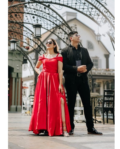 G901, Wine Satin Slit Cut Pre Wedding Shoot Long Trail Gown, Size: All, Color: All