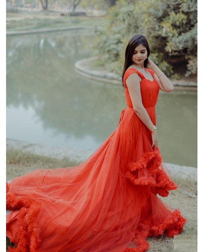 G768, Red Tube Ruffled Pre-wedding Trail Gown Size: All, Color: All
