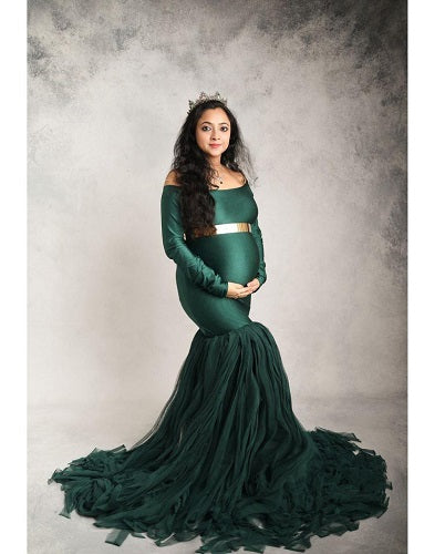 G821, Bottle Green Fish Cut Maternity Shoot Baby Shower Gown, Size: All, Color: All