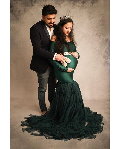 G821, Bottle Green Fish Cut Maternity Shoot Baby Shower Gown, Size: All, Color: All
