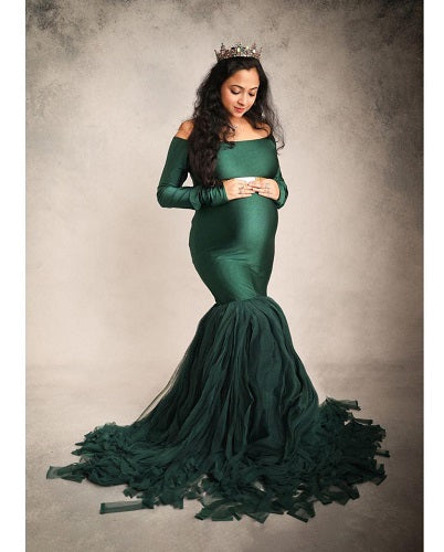 G821, Bottle Green Fish Cut Maternity Shoot Baby Shower Gown, Size: All, Color: All