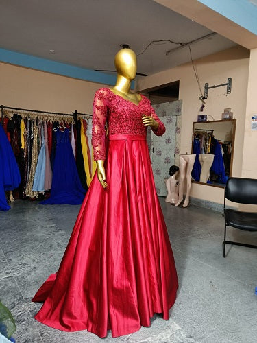 G227, Wine Satin Full Sleeves Off Shoulder Trail Ball gown, Size: All, Color: All