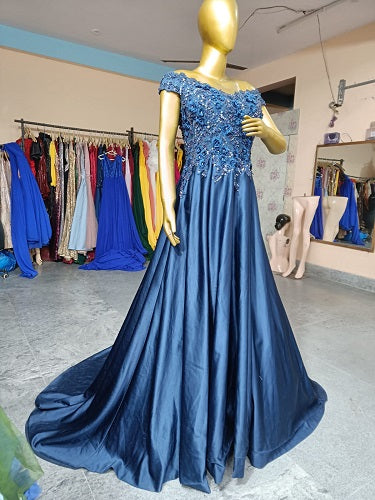 G132, Navy Blue Satin Off Shoulder Trail Ball gown Size: All, Color: All