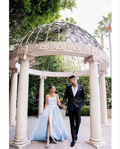 G1076, Greyish Blue satin slit cut gown , Size: All, Color: All