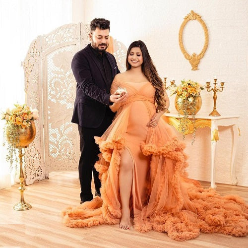 G1050, Luxury Orange Ruffled Maternity Long Trail Gown, Size: All, Color: All