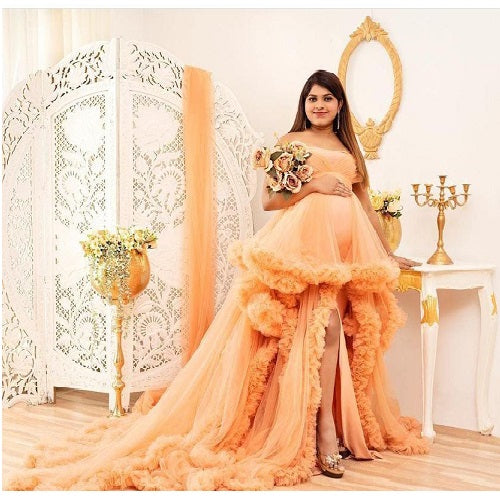 G1050, Luxury Orange Ruffled Maternity Long Trail Gown, Size: All, Color: All