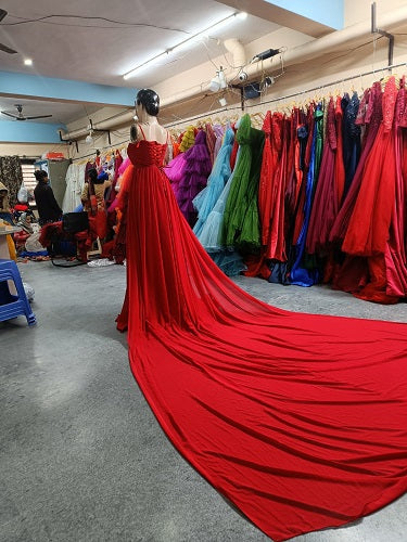 G186, Red Prewedding Shoot Infinity Long Trail Gown Size: All, Color: All