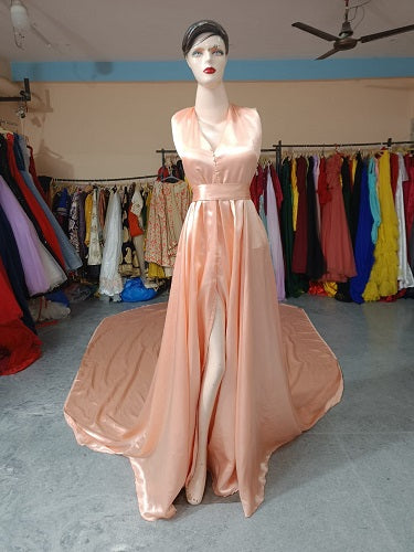 G224, Peach Satin Long Trail Prewedding Shoot Gown, Size: All, Color: All