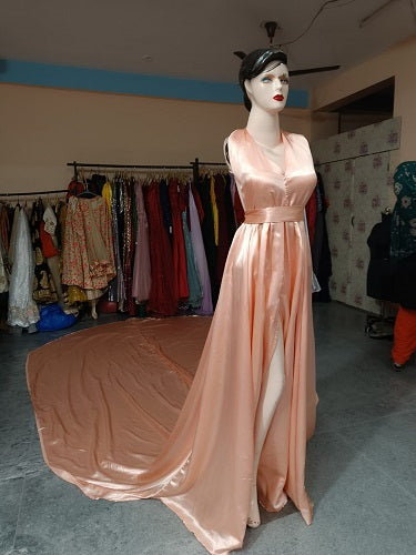 G224, Peach Satin Long Trail Prewedding Shoot Gown, Size: All, Color: All
