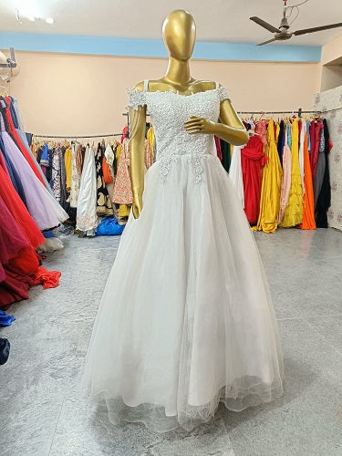 W134, White Cap Sleeves Trail Gown, Size (XS-30 to XL-36)