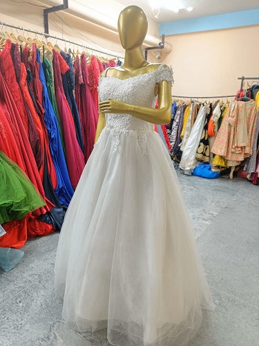 W134, White Cap Sleeves Trail Gown, Size (XS-30 to XL-36)