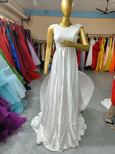 W324, White Satin Long Trail Prewedding Shoot Gown, Size: All, Color: All