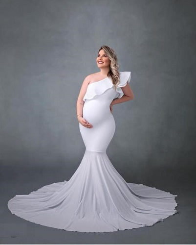 W909, White One Shoulder Maternity Shoot Baby Shower Trail Gown, Size: All, Color: All