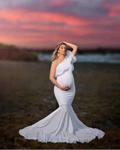 W909, White One Shoulder Maternity Shoot Baby Shower Trail Gown, Size: All, Color: All