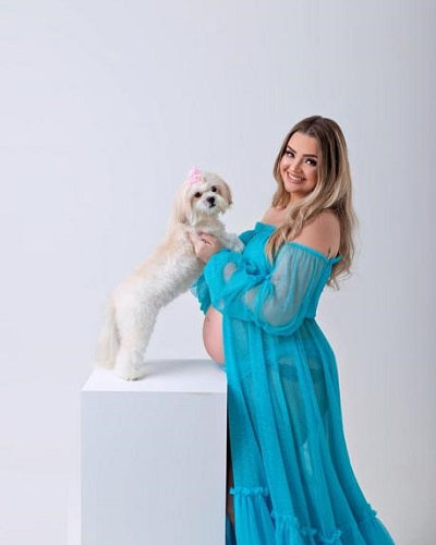 G1002, Blue Frill Slitcut Maternity Shoot Trail Gown With Inner, Size: All, Color: All