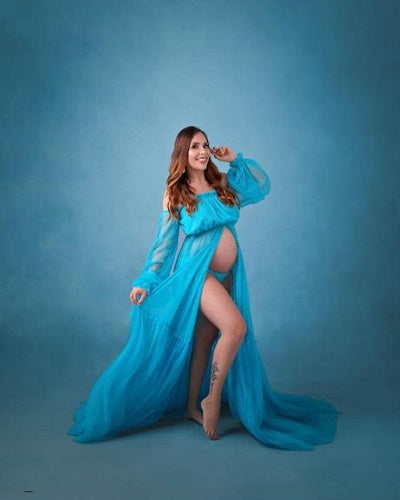 G1002, Blue Frill Slitcut Maternity Shoot Trail Gown With Inner, Size: All, Color: All