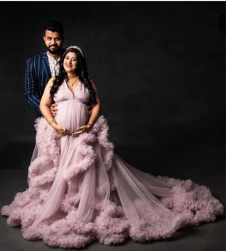 G2054, Dusty Peach Luxury Ruffled Maternity Shoot Trail Gown, Size: All, Color: All