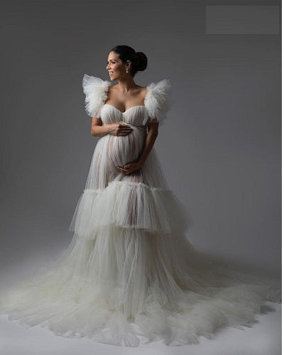 W2008, White Ruffled Slit Cut Maternity Shoot Trail Gown With Inner, Size: All, Color: All