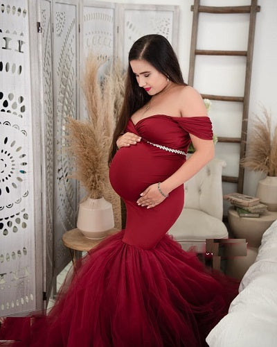 G621, Wine Fish Cut Maternity Shoot Trail Gown, Size: All, Color: All