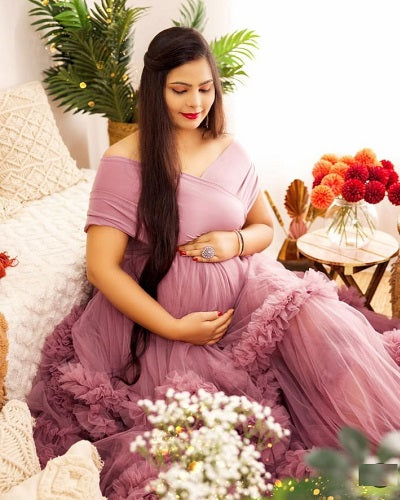 G1041, Peach Ruffled Maternity Shoot Trail Gown, Size: All, Color: All