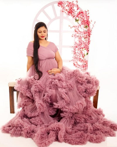 G1041, Peach Ruffled Maternity Shoot Trail Gown, Size: All, Color: All