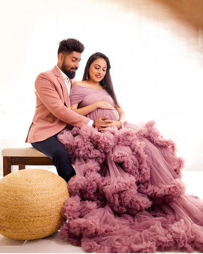 G1041, Peach Ruffled Maternity Shoot Trail Gown, Size: All, Color: All