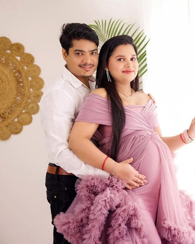 G1041, Peach Ruffled Maternity Shoot Trail Gown, Size: All, Color: All