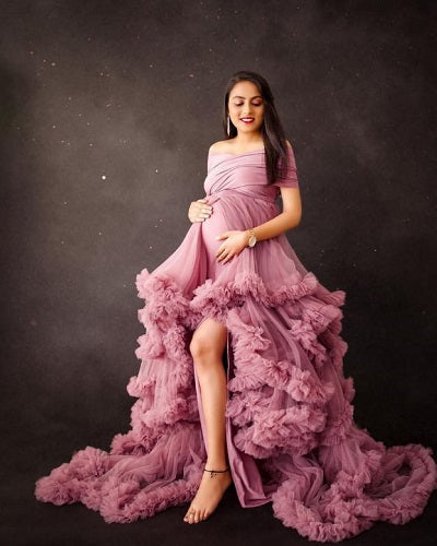 G1041, Peach Ruffled Maternity Shoot Trail Gown, Size: All, Color: All