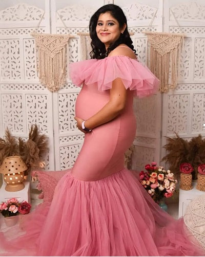 G508 , Peach Maternity Shoot Baby Shower Trail Gown, Size: All, Color: All
