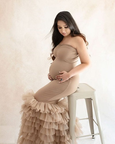 G1051, Beige Body fit Ruffled Maternity Shoot Trail Gown Size: All, Color: All